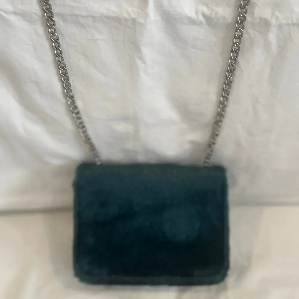 FREE PEOPLE Deep Emerald Green Faux Calf Hair Mini Crossbody Bag Silver Chain